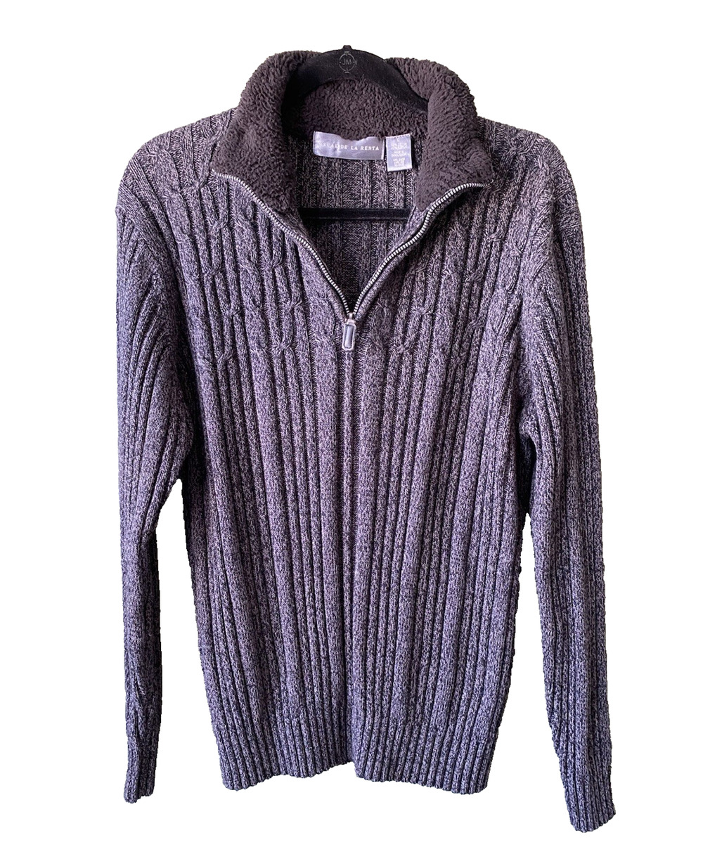 Oscar de la Renta Sweater Mens Large Gray Knit Quarter Zip Designer Pullover